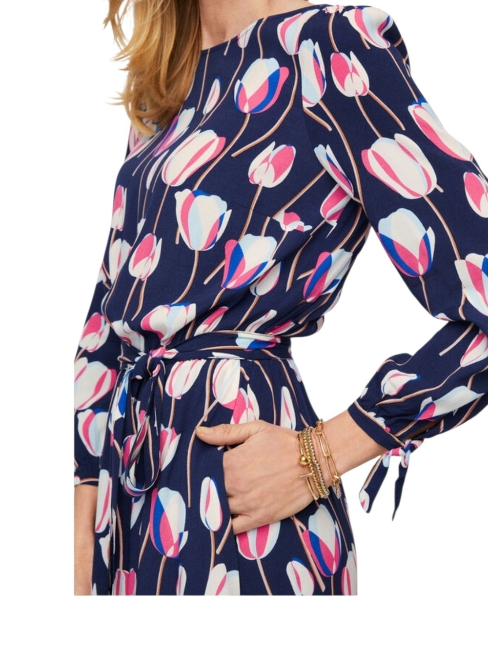 Talbots Navy Midi Dress with Pink Tulip Print